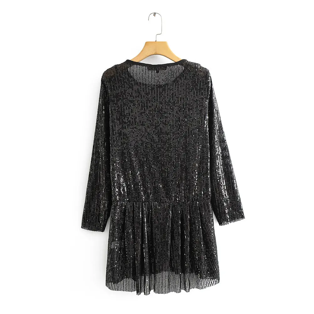 Женское мини платье с круглым вырезом длинным рукавом и оборками по краям|Платья|