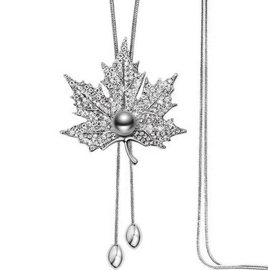 Accessories Necklace Decorations Autumn And Winter Full of Crystals Maple Leaf Pearl Clothes Pendants Long Sweater Chain Wholesa