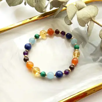 

Lii Ji 7 Chakras Multi Gemstone American 14K Gold Filled Elastic Bracelet Lapis Lazuli Citrine Malachite Aquamarine Bracelet