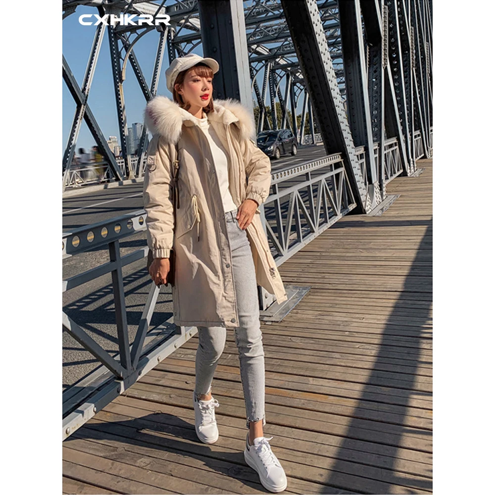 CXHKRR Fashion Long Parka Coat Jacket Oversized Cotton Jacket Women Winter Faux Fur Collar Hooded Jacket Cotton Women