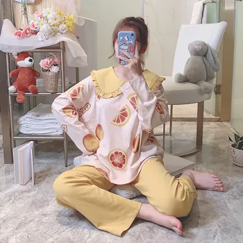

Lady 2PCS Pajama Set Autumn New Fruit Print Home Clothes Cute Cotton Peter pan Collar Top&Pant Sleepwear Sweet Ruffled Nightwear
