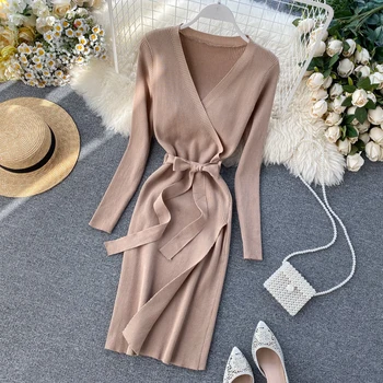 

2020 Sexy Slim V Neck Bandage Autumn Dresses Winter Knitted Sweater Midi Split Dress Bodycon Party Women Casual Pencil Vestidos