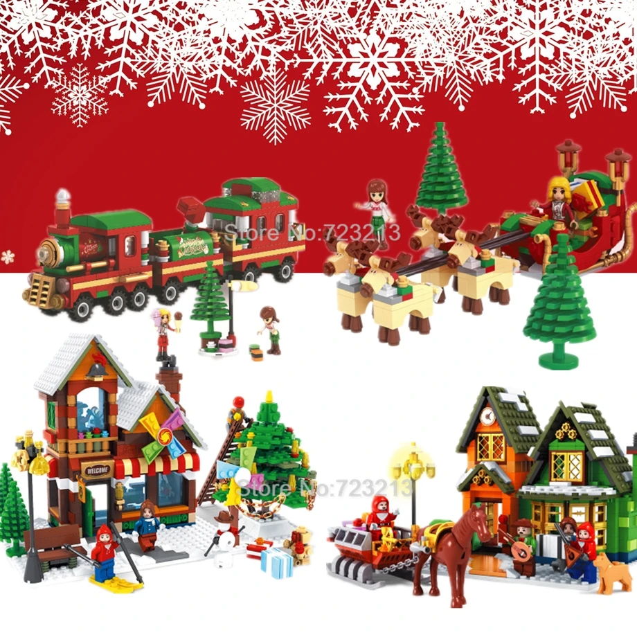 

Christmas Scene Train Elk Sled Tree Carriage Post Office House Figure Santa Claus Building Block Bricks Model Toy for Children