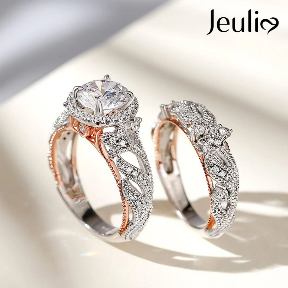 Conjuntos de anillos calados de 4 quilates para mujer, Plata de Ley 925, conjuntos de anillos de compromiso de Halo de corte redondo de oro rosa para boda|Anillos| - AliExpress