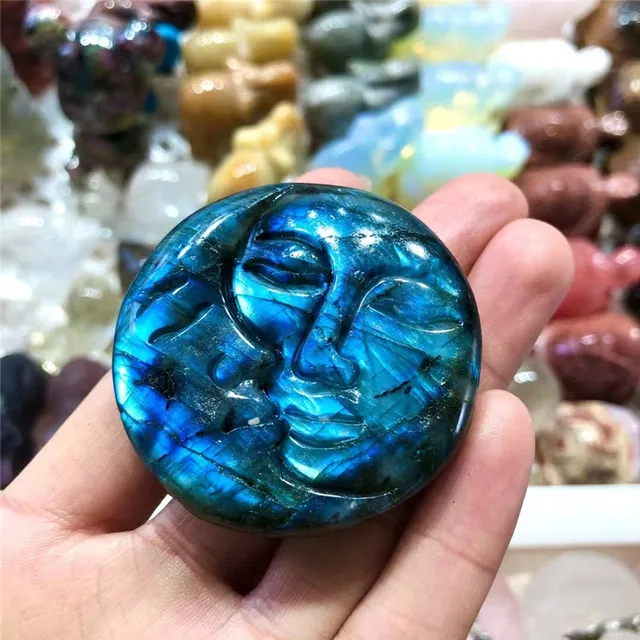 Labradorita azul Natural tallada a mano piedra Plam cara de sol y luna