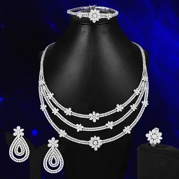 

NEW 4pcs 3 Layer African Jewelry Set For Women Wedding Full Micro Cubic Zirconia Dinner Dress Dubai/Indian Bridal Jewelry Sets