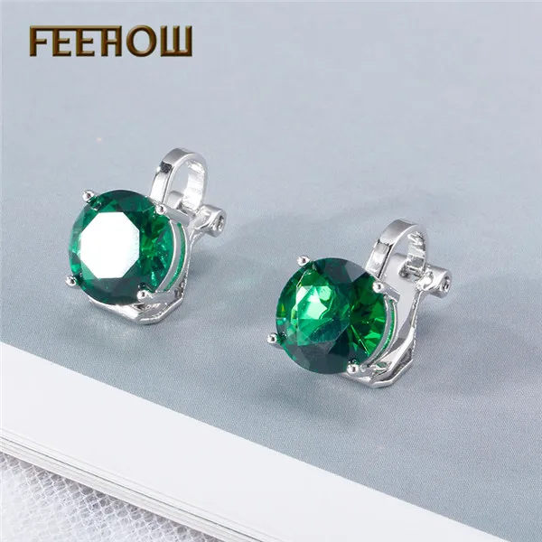 Green FEEHOW, трендовые AAA круглые кубические циркониевый зажим, серьги с кристаллами, для женщин, девушек, вечерние, Подарочные ювелирные изделия FWEP526 - Окраска металла: Green