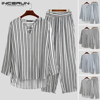 

INCERUN Men Striped Pajamas Sets Long Sleeve V Neck Sleep Tops Long Pants Loose Cotton Leisure Comfortable Sleepwear Suits 5XL 7
