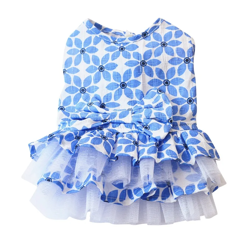 Синий Милое Платье с принтом для питомцев; сезон весна-лето; одежда из хлопка для девочек; плиссированная юбка для щенков; платье с бантом - Цвет: Синий