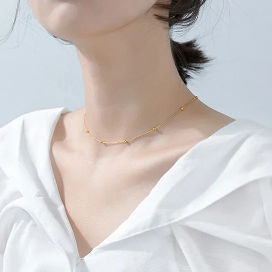 gold color Модные Серебро 925 пробы, маленькие твердые круглые шарики, крупное розовое золото, с покрытием, цепочка, колье на шею, ожерелья для женщин - Окраска металла: gold color