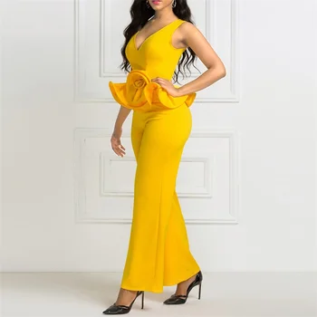 

Yellow Jumpsuit Overalls for Women Elegant Bodysuit Slim Fit Sleeveless Ruffles Wide Pants 2020 Spring Sexy Party Celebrate Wear