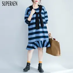 SuperAen свободное хлопковое женское платье большого размера Осень новинка 2019 повседневное женское платье в полоску с длинным рукавом женская