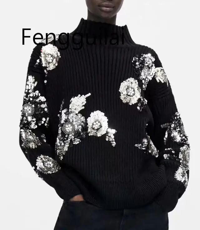 FENGGUILAI 2020 Women Sequined Flower Knitted Sweater Loose Turtleneck Sequins Beading Pullovers Sweater Winter Thick Black Tops FENGGUILAI 2020 Women Sequined Flower Knitted Sweater Loose Turtleneck Sequins Beading Pullovers Sweater Winter Thick Black Tops