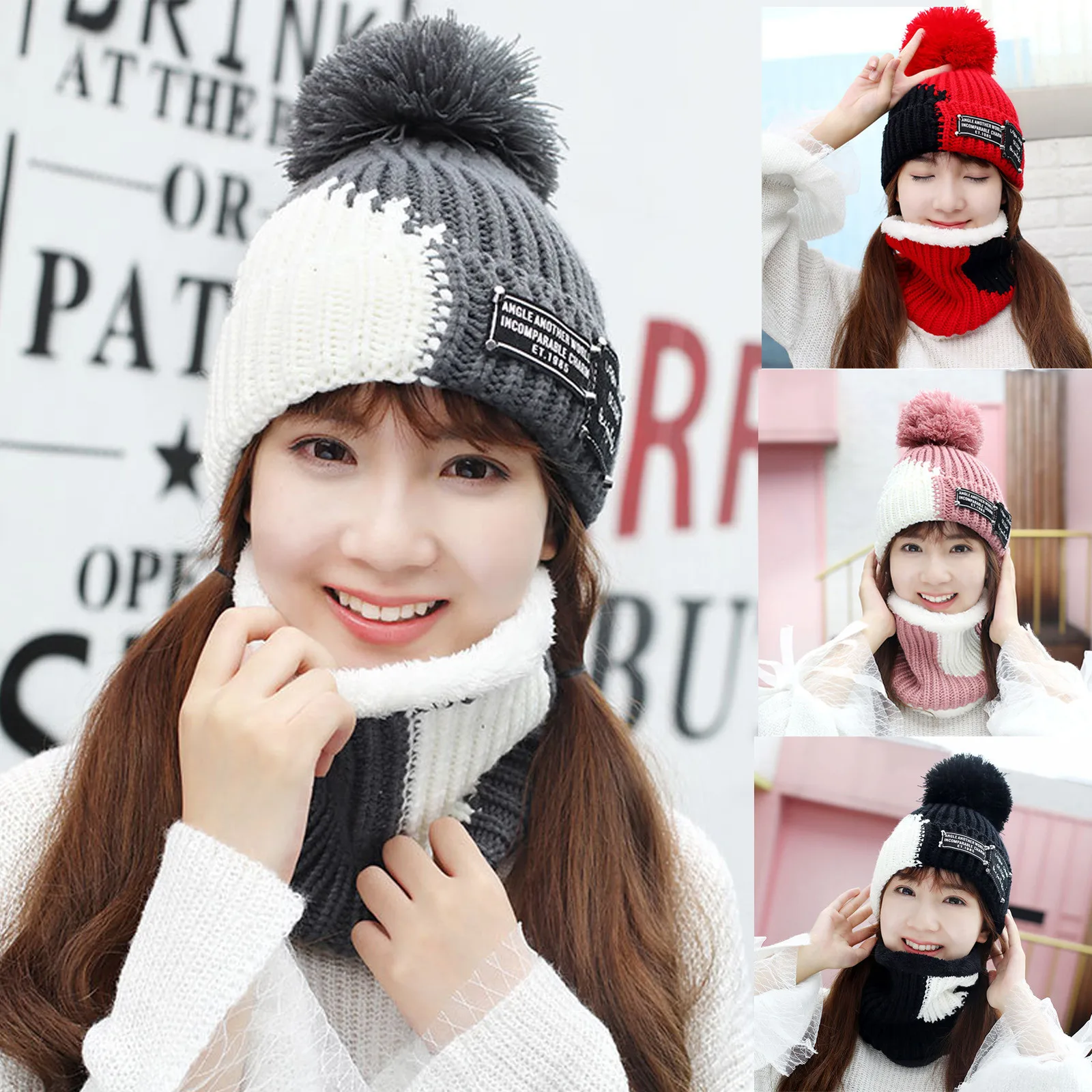 

Hat and scarf 2-piece Set female autumn winter Korean warm wool knitted Hats plus velvet thickening cycling ear protection 5*