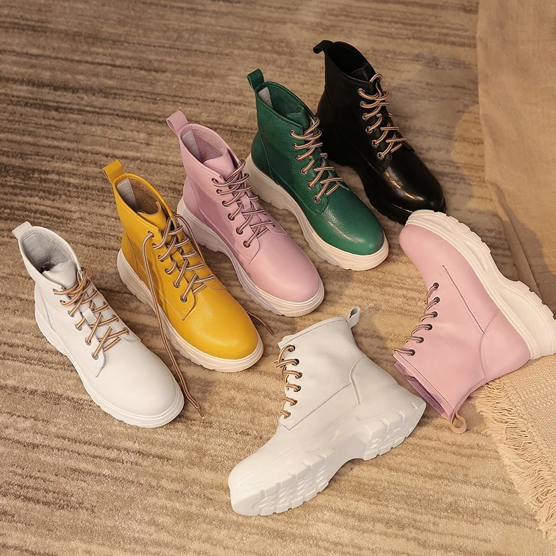 ZVQ gothic green motorcycle boots winter genuine leather cute woman pink martin boots yellow 4.5cm mid heels women's shoes 42CN