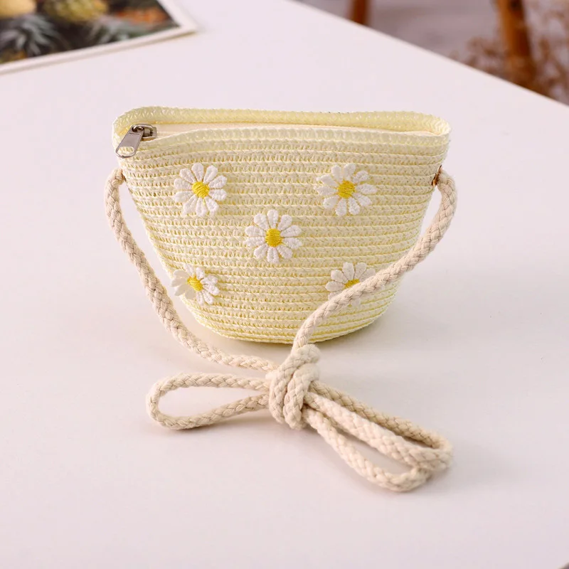Summer Children Girls Shoulder Bag Daisy Flower Straw Messenger Kids Keys Coin Purse Princess Mini Handbag Coin Purse Coin Wallet Change Bag