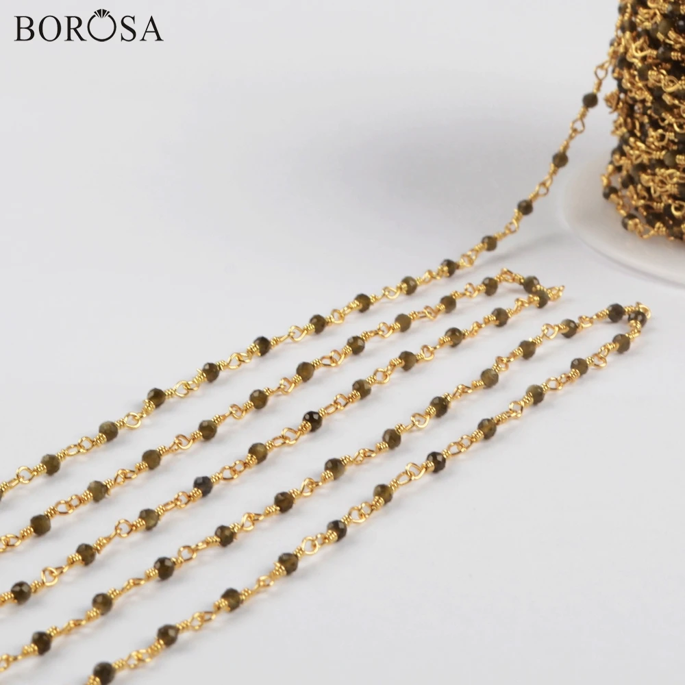 

BOROSA 3Meters 2mm Golden Obsidian Beads Faceted Brass Chains Natural Stone Bead Chains Jewelry JT240