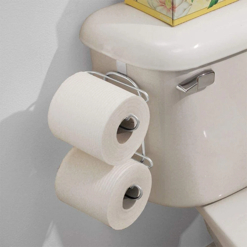 

Metal Compact Hanging Over The Tank Toilet Tissue Paper Roll Holder and Dispenser for Bathroom Hardware Storage - Holds Extra