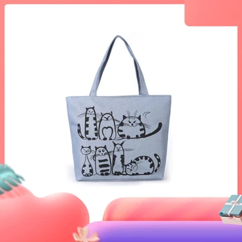 

Women Cute print Cartoon Cat Print Canvas Shoulder Bag Zipper casual large capacity Tote Shopping Handbag canvas bag