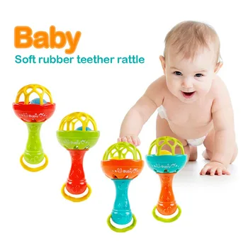 

Fun games baby soft rubber teether rattle rod multi-functional baby rattle stick with teether baby hand holding toy