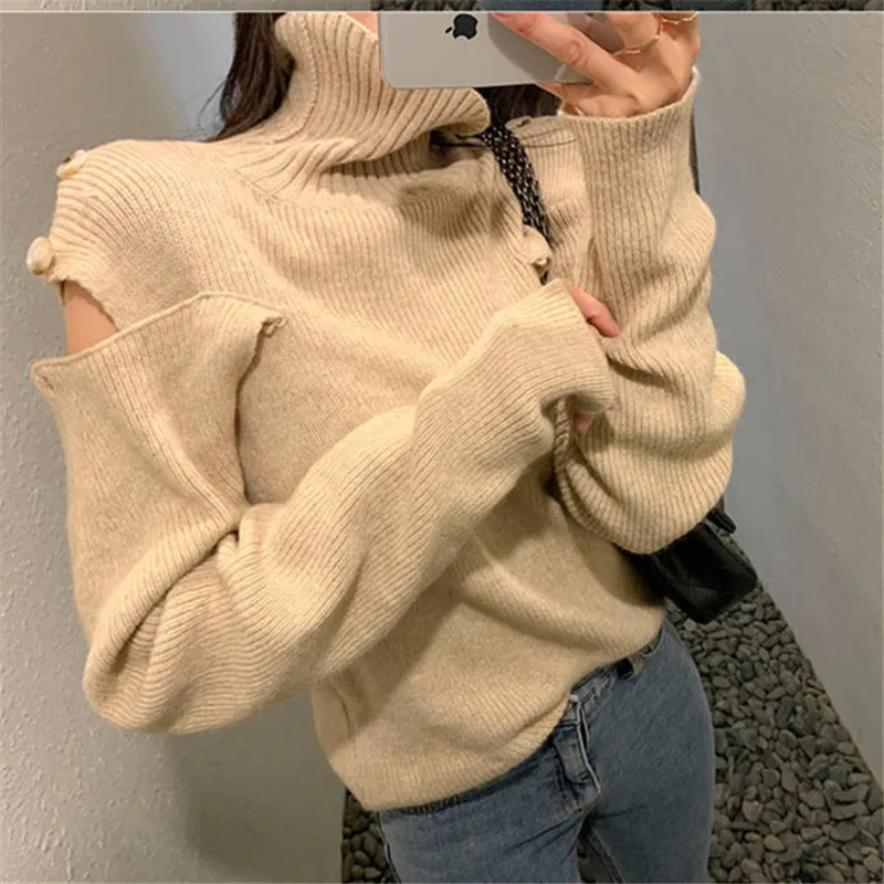 

Women Knit Turtleneck Sweaters Fall Winter Sexy Hollow Button Off Shoulder Sleeve Pullovers Female Elegance Warm Solid Jumpers