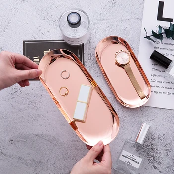

Modern Metal Rose Gold Plate Silver Oval Storage Tray Decorative Jewelry Display Stainless Steel Tray Storage Supplies