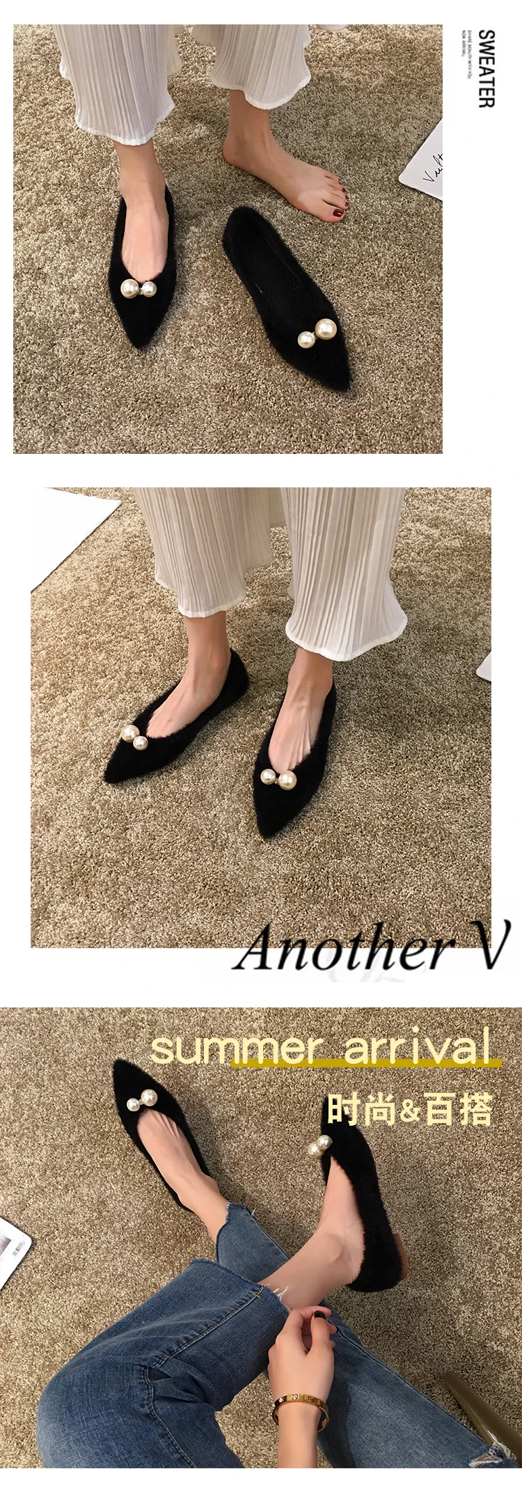 String bead pointed toe fur loafers solid shallow celebrities shoes woman tender slip on flats tassel femme furry moccasins