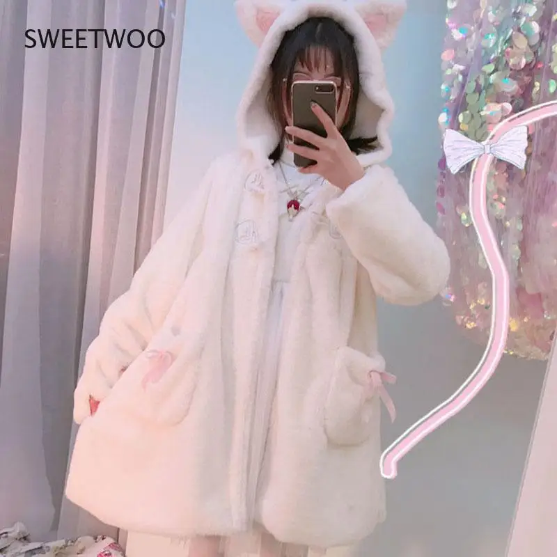 Winter Jacket Women Lolita Fleece-Lined Thickened Girl Soft Fabric Kawaii Cat Ear Hat Claw Cute Plush White Coat Youthful Parka