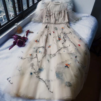 

SEQINYY Beige Elegant Dress 2020 Summer Spring New Fashion Design Women Embroidery Flowers Bird Romantic Golden Sequined Dress
