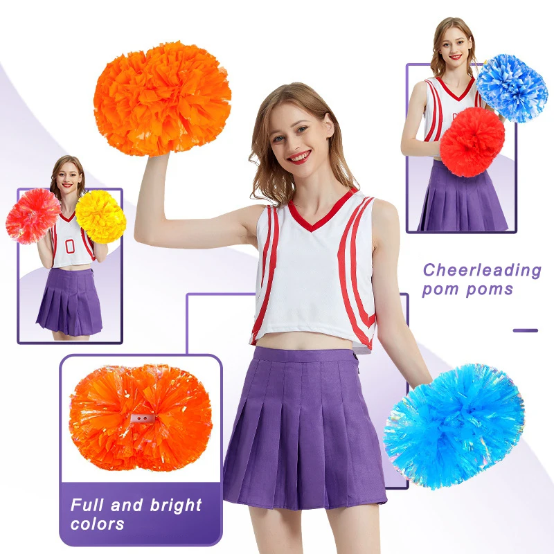2 Pack Cheerleading Pom Poms with Baton Handle for Team Spirit Sports Dance Cheering Kids Adults for Dace Sport Competition