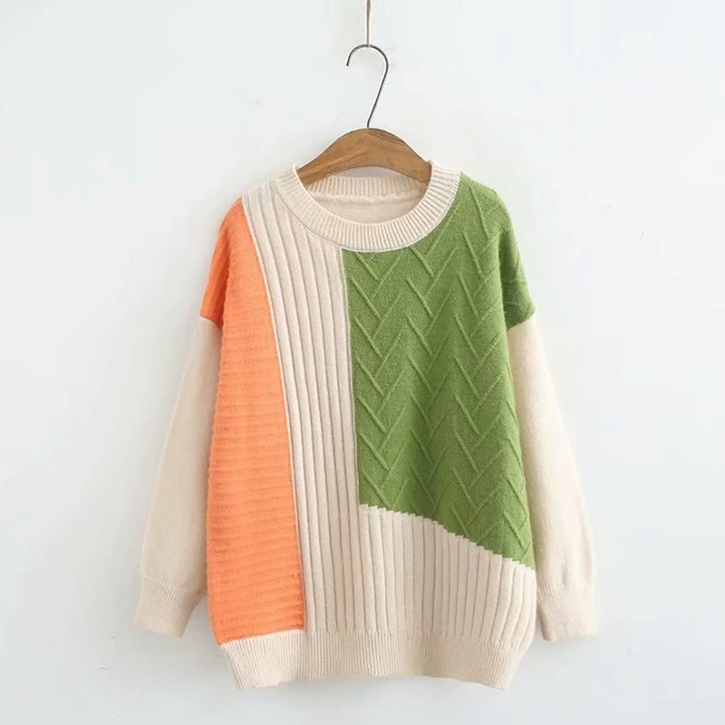 

cardigan women 2019 new Plus Size Sweater O neck pullovers patchwork Contrast color KKFY3949