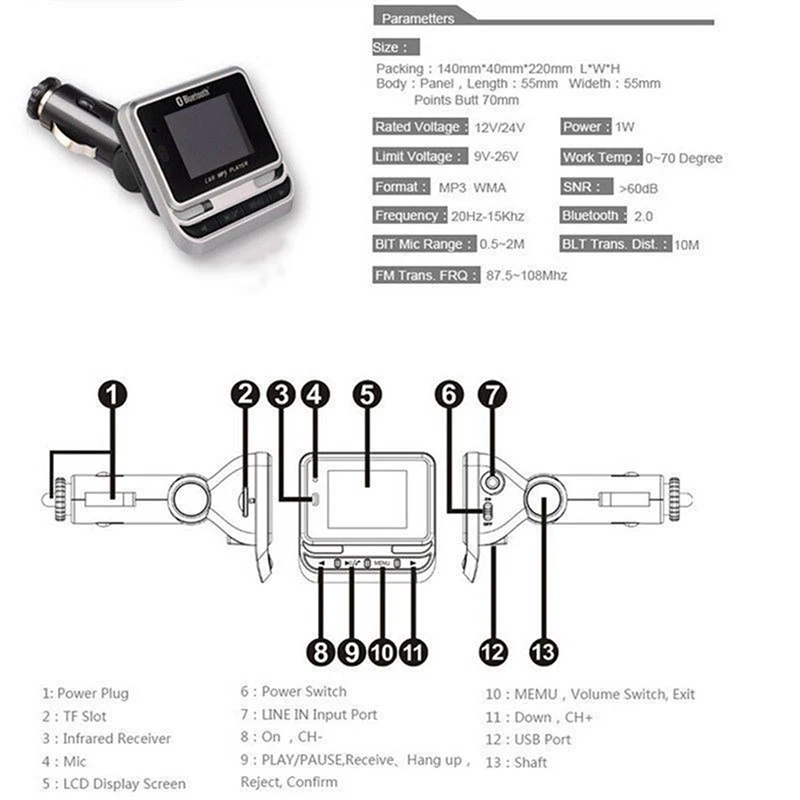 USB TF карта Поддержка MP3 музыкальный плеер Мобильные Телефоны Планшеты Dsp зарядное устройство комплект беспроводной связи bluetooth для автомобиля ЖК-дисплей Hands-Free fm-передатчик
