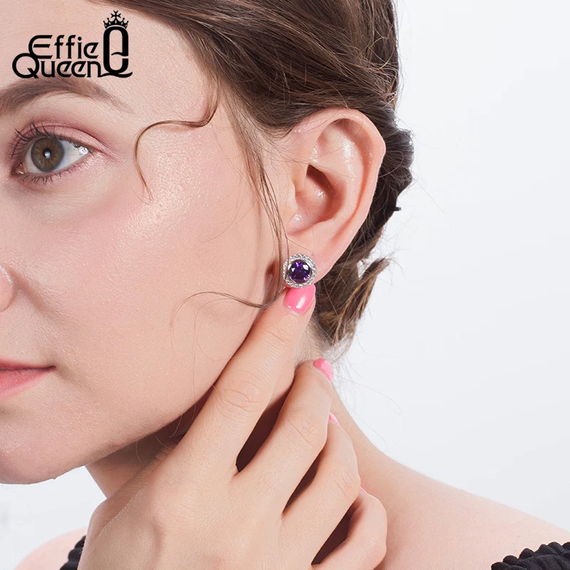 Effie queen 925 пробы серебро Для женщин серьги-гвоздики AAA циркон фиолетовый CZ серьги для свадьбы, помолвки, ювелирные изделия в качестве подарка TSE229