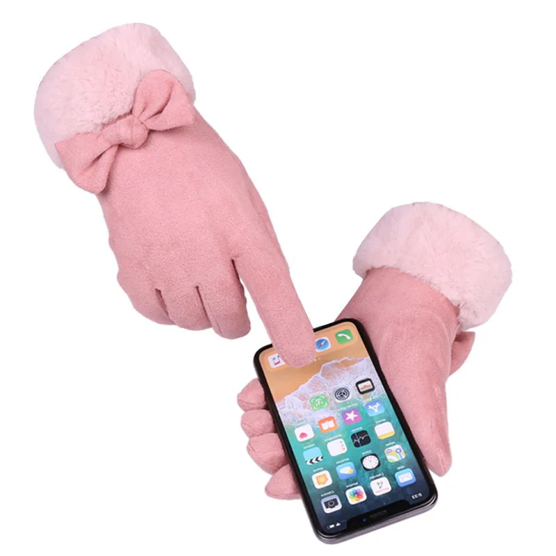 2020 New Winter Women Gloves Double Thick Plush Wrist Warm Cashmere Cute Cycling Suede Touch Screen Driving Female Mittens