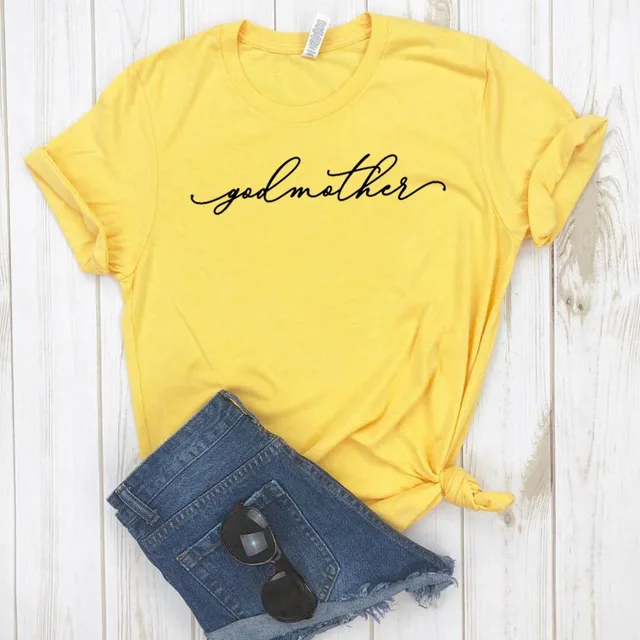 Women T Shirt Godmother Letters Print Tshirt Women Short Sleeve O Neck Loose T-shirt Ladies Causal Tee Shirt Clothes Tops Yellow