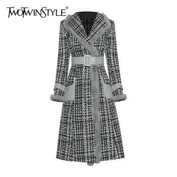 

TWOTWINSTYLE Plaid Patchwork Fluff Coat For Women Lapel Long Sleeve Sashes Casual Coats Female Winter New Clothing 2020 Fashion