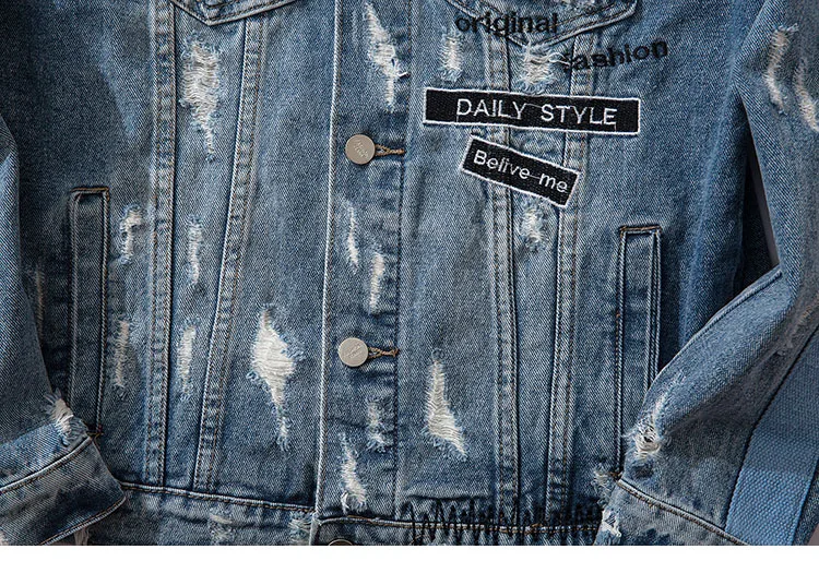 Мужская джинсовая куртка в стиле хип-хоп с рваными дырками, винтажная куртка, джинсы с вышитыми листами и буквами, уличная джинсовая куртка с потертостями