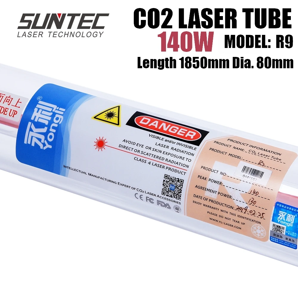 SUNTEC YL R9 140W CO2 Laser Tube Length 1850MM Dia. 80mm for CO2 Laser Engraving Cutting Machine With Wooden Case Box Packing