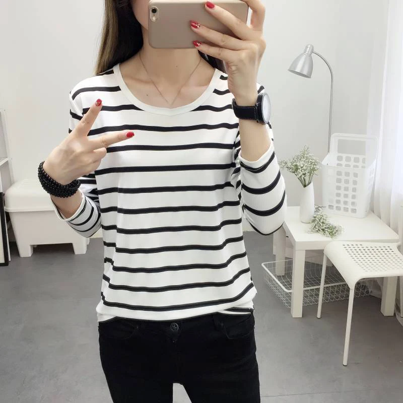 2019 женская футболка с круглым вырезом в полоску длинным рукавом Осенние футболки
