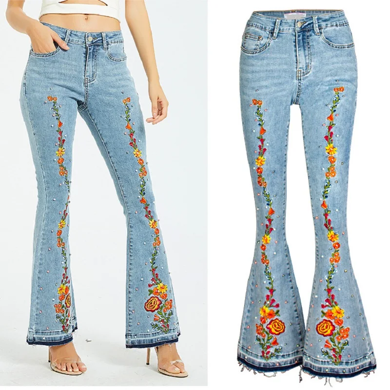 

2019 Solid Wash Skinny Flare Jeans Push Up Woman High Waist Embroidered Pearl Stretch Denim Pants New Fall Fashion Free Shiping