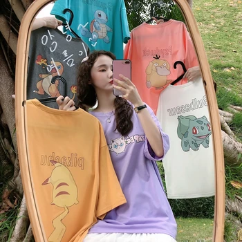 

Women Cotton T shirt Harajuku Oversized Pokemon Ulzzang Tops Half Sleeves Kawaii Pikachu Charmander Pikachu Pirnted T shirts