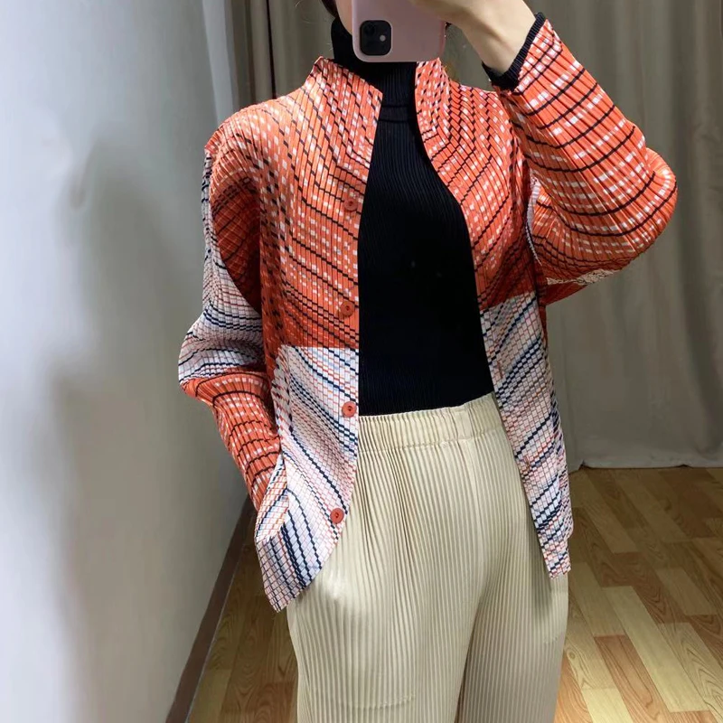 Changpleat, осенняя Новинка, Женская Базовая куртка с принтом, пальто Miyak, плиссированное, модное, стоячий воротник, длинный рукав, женская верхняя одежда, пальто