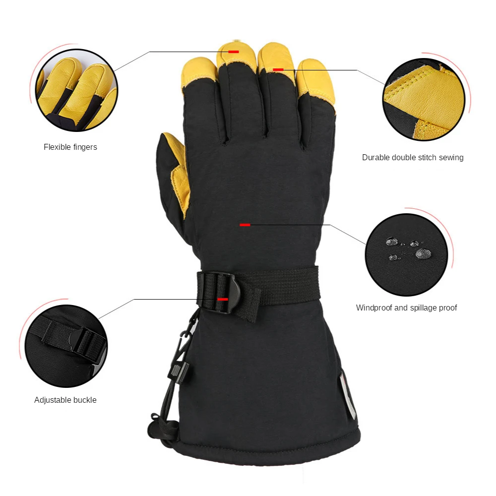 Cowhide Long Warm Ski Gloves Five-finger Waterproof Windproof Winter Snowboard Gloves Motorcycle Cycling Snow Mittens 3