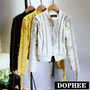 

Women Stand Collar Leather Jacket Lace-up String Rope Fringed Motorcycle Leather Coat Female Spring and Autumn Hollow PU Jackets