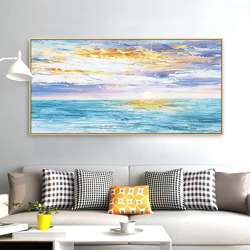

Hand painted abstract oil painting living room sofa decorative painting modern minimalist nordic sunrise sea landscape simple an