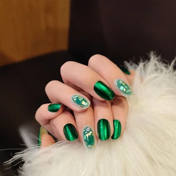 

24pcs/Boxed green color oval fake nails Wearing Waterproof press on nail tips with glue full cover acrylic products for girls