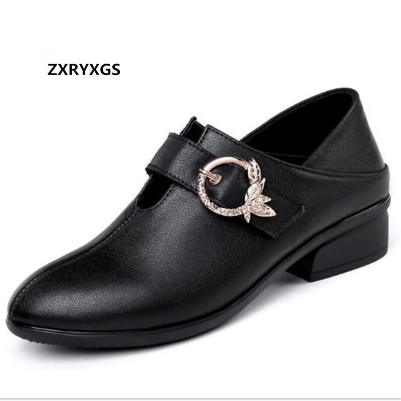 

2019 New Spring and Autumn Shoes Woman Deep Mouth Cowhide Leather Shoes Soft Bottom Thick with Women Low Heel Shoes Large Size