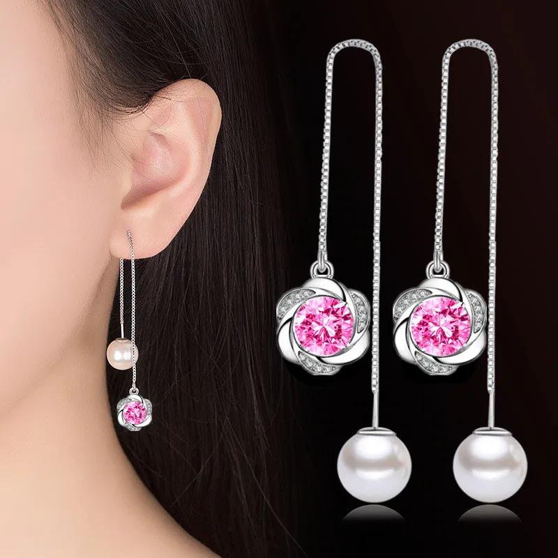 Luxury Women's Swirl Drop Earrings Crystal Pearl Cubic Zircon Stone Long Pendant Eddy Dangle Earring For Lady Girls - Image 5
