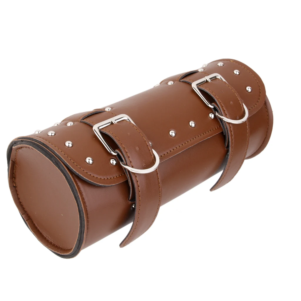 Motorcycle Pannier Saddle Pouch  Leather Luggage Roll Tool Bag Brown
