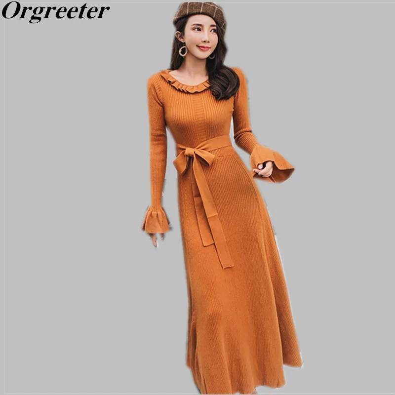 

2019 Autumn and Winter Elegant Solid Long Sweater Dress Women Fare Sleeve Ruffled O-neck Female Sashes Knit Dresses Party Dress